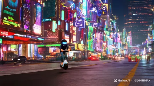1. 开场镜头

画面：霓虹闪烁的街道，外卖小哥骑着悬浮电驴，头盔自带弹幕屏（滚动着“AI换脸接单中…”）。
关键词视觉化：背景布满虚拟广告牌（“吴彦祖火锅套餐限时0.1折”“彭于晏健身AI教练”）。 by Hailuo AI Video Generator