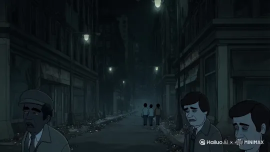 动画呈现70年代昏暗、压抑的城市街景，失业人群徘徊街头[固定镜头] by Hailuo AI Video Generator