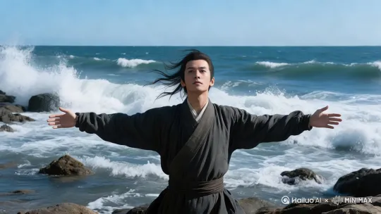 真实摄影，电影质感超高清画面，高清细节人物对话内容口型准确 ，人物动作流畅 平顺自然 远景中，我站在辽阔无垠的海边，海浪如万马奔腾般汹涌澎湃，不断拍打着岸边的礁石，溅起高高的水花。海天相接之处，水天一线，湛蓝的天空与深蓝的大海融为一体。随后镜头逐渐拉近至近景，我张开双臂，海风将我的头发和衣衫吹得肆意飞扬，我迎着海风，脸上洋溢着自信与豪迈。
 
- 台词：我（豪迈地，声音盖过海浪声）：“海到尽头天作岸，山登绝顶我为峰。”
 
- 运镜：从远景平稳地推至近景，突出人物在壮阔海景前的豪情壮志。
 
- 场景：海边，金色的沙滩，远处是一望无际的大海和天空。
 
- 音乐/音效：海浪的咆哮声、海风的呼啸声，激昂的背景音乐达到高潮，气势磅礴。
 
- 氛围：豪迈、自信，展现出广阔的胸怀和远大的抱负。 by Hailuo AI Video Generator