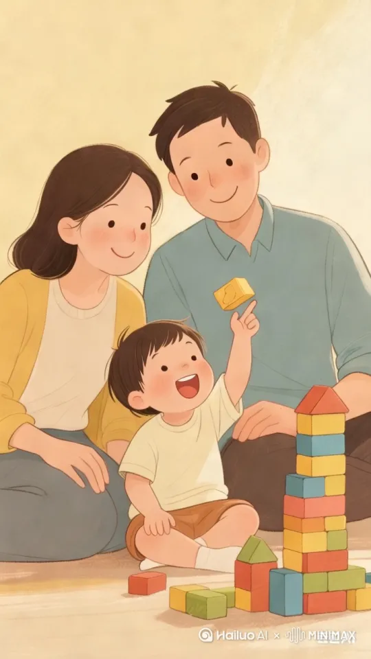 父母和孩子并排而坐，孩子举起积木兴奋挥舞，父母微笑注视，手指向积木堆示意搭建 by Hailuo AI Video Generator