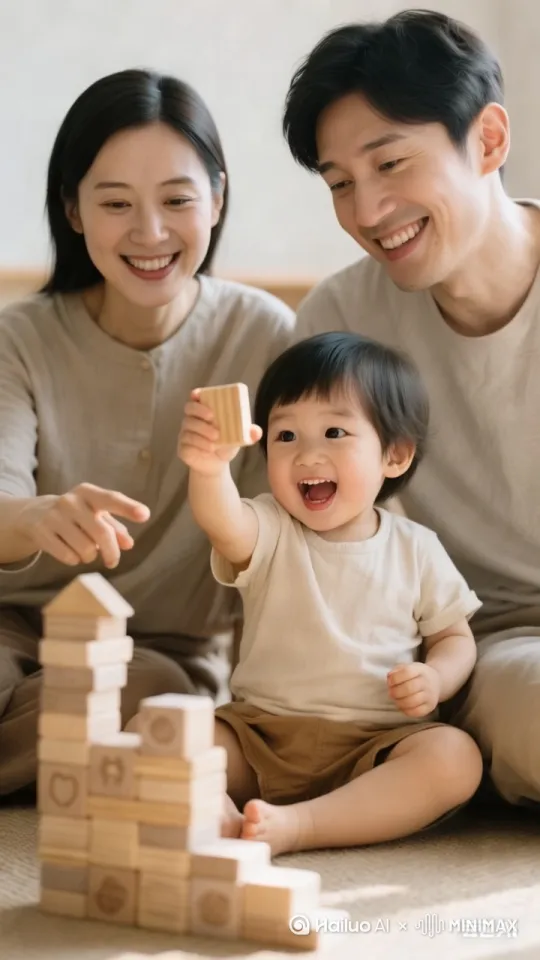父母和孩子并排而坐，孩子举起积木兴奋挥舞，父母微笑注视，手指向积木堆示意搭建 by Hailuo AI Video Generator