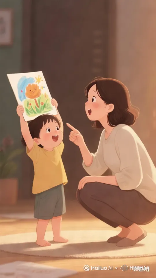 妈妈蹲下平视孩子，手指向画作，露出惊喜表情；孩子踮脚举画，眼睛发光 by Hailuo AI Video Generator