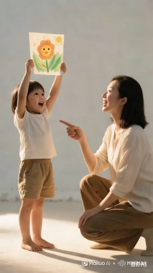 妈妈蹲下平视孩子，手指向画作，露出惊喜表情；孩子踮脚举画，眼睛发光 by Hailuo AI Video Generator