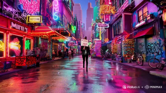 镜头拉远，展现充满朋克元素的虚拟城市街景，主持人戴着朋克风格的鸡冠头假发、皮夹克，举着“求三连”灯牌。[推出,上升,下摇] by Hailuo AI Video Generator