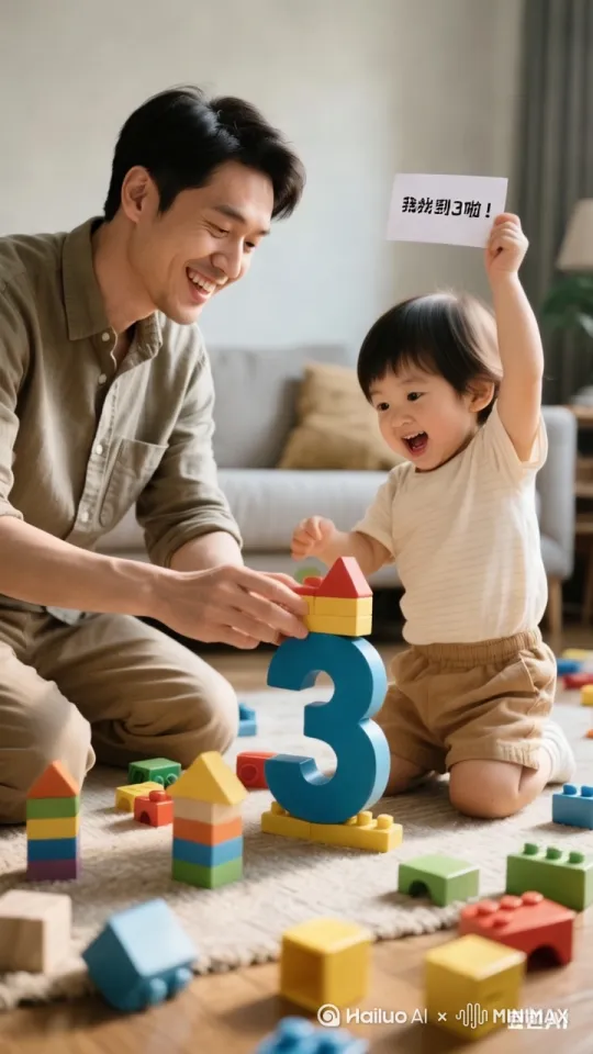 爸爸用积木摆出数字造型，孩子跟着模仿，突然举起卡片喊"我找到3啦！" by Hailuo AI Video Generator