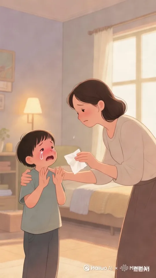 妈妈递纸巾给孩子，孩子抽噎着比划手势，妈妈点头倾听并轻轻拥抱 by Hailuo AI Video Generator