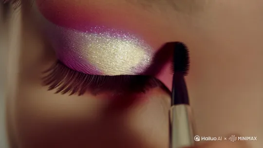 描绘眉毛时，镜头模拟人眼视角，从她睫毛下方仰拍，能看见她垂眸时眼睑投下的扇形阴影；眼影刷扫过眼皮的瞬间，镜头突然定格，用特效标注出色彩晕染的层次，再以0.5倍慢动作展现珠光色在灯光下流转的璀璨。
 刷睫毛膏的特写里，镜头跟着刷头的弧度旋转，睫毛膏纤维一根根分明竖起的画面纤毫毕现。当她转身面对全身镜时，镜头从镜中倒影开始拉远，随着她戴上耳饰的动作，最终定格成一个全景——晨光中，精致妆容与得体穿搭相互映衬，整个人仿佛从镜头里溢出光彩。 by Hailuo AI Video Generator
