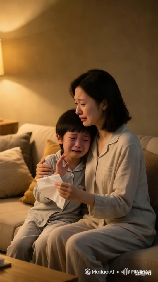 妈妈递纸巾给孩子，孩子抽噎着比划手势，妈妈点头倾听并轻轻拥抱 by Hailuo AI Video Generator