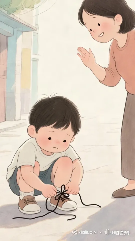 孩子皱着眉头专注系鞋带，鞋带散开又重新尝试；妈妈抬起手想帮忙又收回，眼神鼓励 by Hailuo AI Video Generator