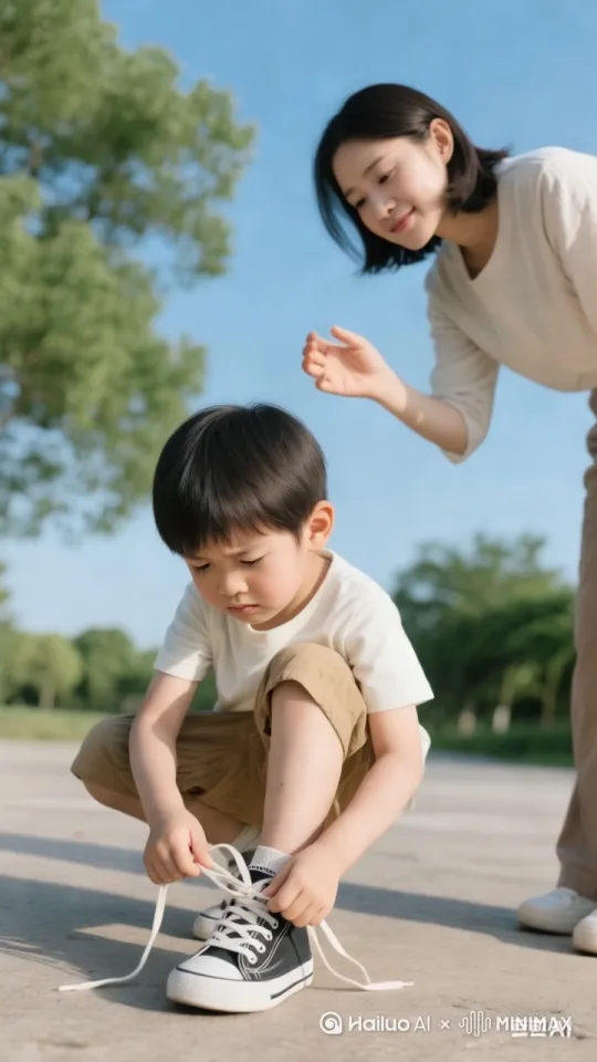 孩子皱着眉头专注系鞋带，鞋带散开又重新尝试；妈妈抬起手想帮忙又收回，眼神鼓励 by Hailuo AI Video Generator