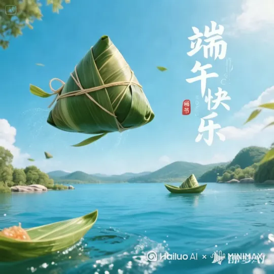 水流缓缓流淌，微风吹动树叶，粽子小船缓缓前进，天上的粽子蹦蹦跳跳 by Hailuo AI Video Generator