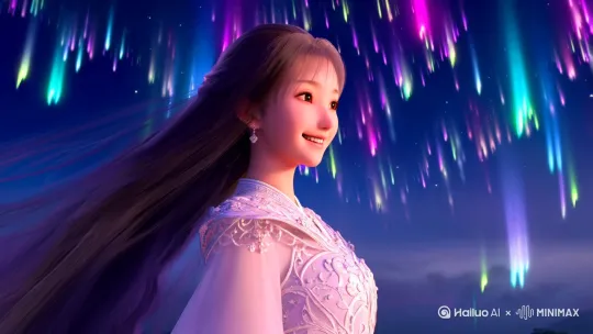 动漫女星，回眸一笑。背后有流星雨。 by Hailuo AI Video Generator