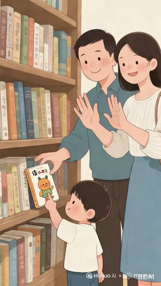 孩子手指在几本书间犹豫，突然选中一本举起来；父母同时伸手做出"请"的手势 by Hailuo AI Video Generator