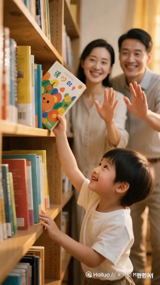 孩子手指在几本书间犹豫，突然选中一本举起来；父母同时伸手做出"请"的手势 by Hailuo AI Video Generator