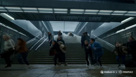 城市地铁站  突降暴雨  洪水突然大量如瀑布般灌入  人员奋力外出  狼声四起  一片狼藉  洪水如猛兽般吞没  镜头低位拍摄  紧张感拉满 by Hailuo AI Video Generator