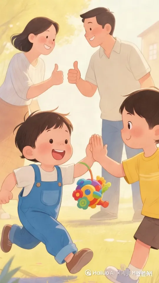 孩子小跑着将玩具递给同龄孩子，两人击掌；父母对视微笑，竖起大拇指 by Hailuo AI Video Generator