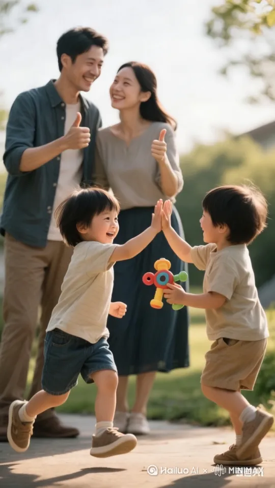 孩子小跑着将玩具递给同龄孩子，两人击掌；父母对视微笑，竖起大拇指 by Hailuo AI Video Generator
