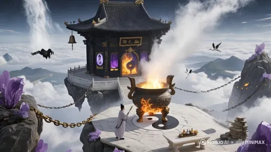环绕运镜。太上老君的兜率宫炼丹炉边，一个道士在作法炼丹。仙鸟飞舞，火焰自然动态。云雾缭绕[下降,上摇] by Hailuo AI Video Generator