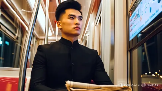 一位身着黑色中山装的五四青年神情坚毅地端坐在现代地铁车厢内，金属座椅与透明玻璃窗反射着柔和的，灯光，他手握泛黄报纸凝视窗外流动的城市光影，车厢电子屏显示着当代科技信息，时空交错的氛围中透露出历史与未来的碰撞。 by Hailuo AI Video Generator