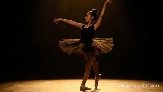 小女孩正在练习芭蕾舞，镜头环绕，欣赏小女孩的优美舞姿[左移,右摇,跟随]，随后镜头推进，聚焦女孩孩面部，进行特写[变焦推进] by Hailuo AI Video Generator
