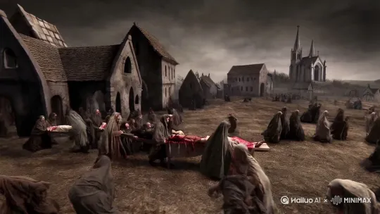 [跟随]
动画演绎中世纪欧洲场景，瘟疫肆虐，人们在恐惧中生活，黑死病患者被抬走，教堂钟声回荡。 by Hailuo AI Video Generator