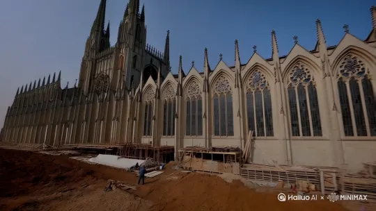 [左摇,变焦推进]中世纪的西方建筑施工现场，工匠们建造高耸入云、有着大窗户和尖塔的哥特式教堂，展示建筑细节如飞扶壁、花窗玻璃上的宗教故事图案。穿插中世纪手抄本画面，上面绘制着恶魔、天使等哥特元素的插图 by Hailuo AI Video Generator