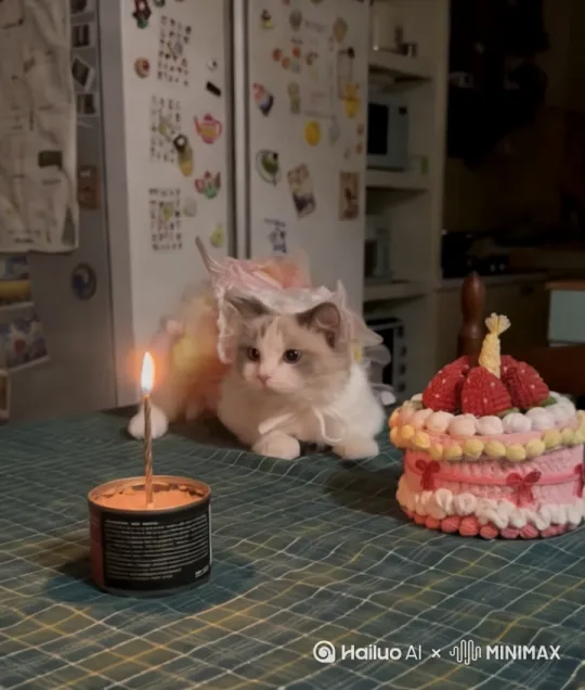 让小猫站起来，扭动身子，两前爪高高竖起来跳舞，今天是小猫1周岁生日，蜡烛的火光一闪一闪 by Hailuo AI Video Generator