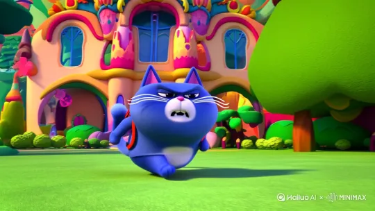 一个蓝色的胖猫背着书包，表情烦躁的走向学校，3d动画 by Hailuo AI Video Generator