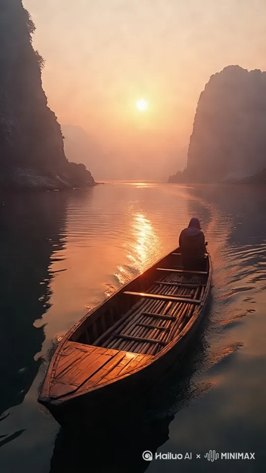 镜头主体：直升机环拍：漓江竹筏破晓
镜头背景：漓江
时间：破晓
主体的细节：竹筏在漓江上缓缓前行，破晓时分
特殊细节：光影穿梭效果，竹筏在晨光中闪烁
贯穿性符号应用：光影穿梭
镜头类型和角度：环拍，全景
视觉提示与效果：三分法构图，暖橙色调，逆光剪影 by Hailuo AI Video Generator