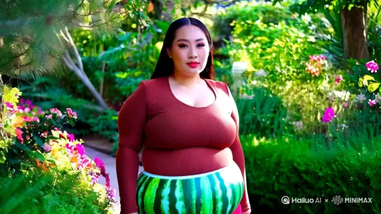 中国美女，正面瓜子脸，轮廓明显、清楚、震撼效果、特写、长发、灵动眼眸、大胸，微胖，短款紧身枣红颗粒色衬衣，面容姣好有灵动感。穿西瓜裙子，在花园里走路 by Hailuo AI Video Generator