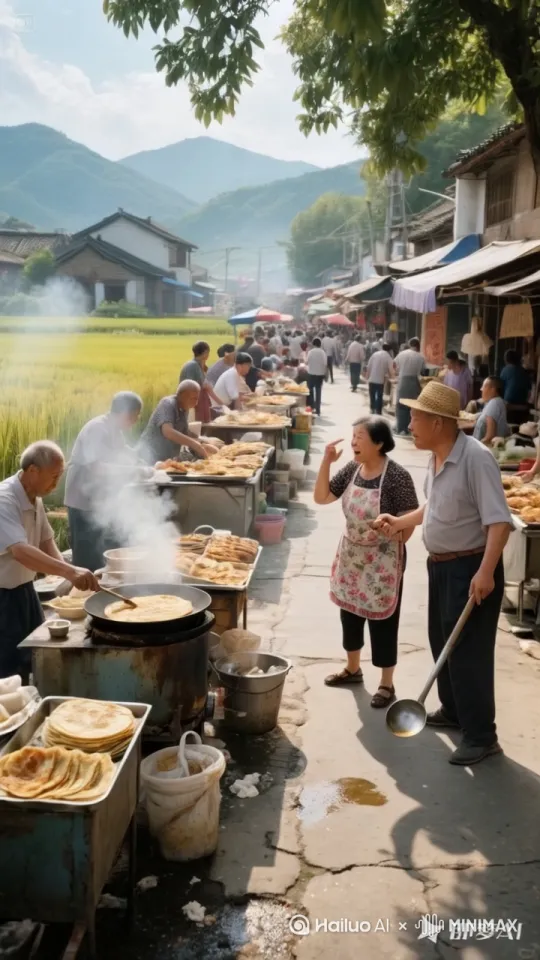 镜头移动，动态跟随，左边卖煎饼的五个大老爷全部旋转跳跃起来，把手上的煎饼一起在手心上转起来，旁边的一个大妈和大爷惊呆了，欢呼雀跃， by Hailuo AI Video Generator