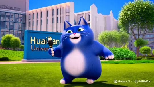 生成一段15秒视频，一个蓝色的胖猫举着话筒在一个大学门口说话，大学门牌上刻着淮安大学，淮安大学要清楚，胖猫要开心地笑着说话并且挥手，然后胖猫跳入湖水中 by Hailuo AI Video Generator