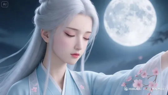 镜头推进至人脸，人物睁开眼睛，轻声歌唱，发丝飘动，花瓣飘舞 by Hailuo AI Video Generator