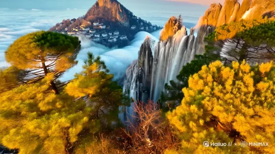 黄山之巅云海奇观, 上帝视角航拍, 日出熔金色云海, 乳白色云瀑奔涌, 群峰悬浮云毯之上, 延时镜头云潮漫过花岗岩峰林, 流动雾霭缠绕迎客松枝, 晨风吹散薄雾, 云隙透视深渊徽州村落, 青瓦白墙隐约可见, 西海大峡谷云瀑垂直倾泻, 耶稣光穿透云洞, 金色光柱投射翡翠峡谷, 彩虹佛光环绕人影, 惊雷紫色闪电劈开云层, 雪后雾凇水晶森林, 飞鸟群划开丝絮状云气, 无人机垂直拉升镜头, 树冠到全景云海, 俯冲穿越翻滚云浪, 360度旋转鸟瞰光明顶, 莲花峰峭壁, 鳌鱼背险峰, 悬崖虬松, 高山杜鹃, 层积云平流雾, 观景台石栏, 登山步道, 强烈高度差对比, 云海绸缎质感, 慢门动态模糊, 仙侠意境全景。, 8K分辨率, 电影级色深, 富士胶片模拟色调, 24fps基础帧率+120fps慢动作 by Hailuo AI Video Generator