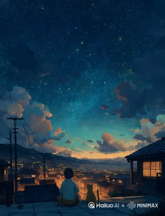 慢镜头拉远，少年和猫坐在屋顶边沿看星空。夜空中星星闪烁，云层缓慢移动，城市灯光闪烁，窗户里有微微灯光亮起。猫尾轻轻摆动，少年的衣服随风轻轻飘动。画面宁静、治愈、有梦境感，画风参考宫崎骏动画。 by Hailuo AI Video Generator