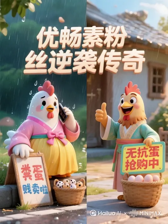帮我生成一个视频：帮我生成一个视频：帮我生成一个视频：固定整个画面和人物。前2秒先让左边的鸡开口说话，让右边的鸡暂时闭嘴然后后3秒再让右边的鸡说话，左边的鸡暂时闭嘴，他们的肢体动作和表情都很丰富。整个画面的情景意境都非常的到位。比例 3:4。比例 3:4。比例 3:4。 by Hailuo AI Video Generator