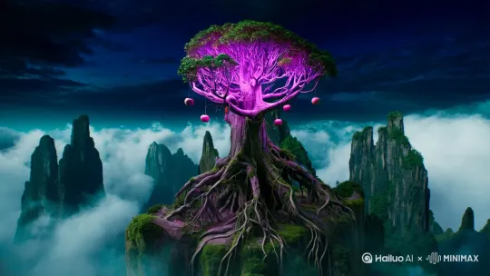 山巅巨猿采桃记

嶙峋山崖刺破云海，顶端一棵巨桃树虬枝盘曲，紫光荧荧，如夜之明灯——树根虬结处竟死死缠绕着半副石化巨兽的嶙峋骸骨。

那古猿之躯，几与山崖齐肩，覆体苔藓与藤蔓纠结如原始铠甲；其目似两处熔岩裂痕，灼灼然照映着满树熟透的桃果。饥火于腹内焦灼翻腾，它探出巨掌，利爪如开山巨斧，轰然剖开树干。琥珀般浓稠的汁液立时迸溅而出，在月光下幻化为血珠般的活物，簌簌坠落深渊。真实画面，动感十足

它撕扯出桃核深处凝脂似的果肉，塞入口中，喘息声如远古风暴，喷出的白气在紫色夜雾中卷起一片片迷离漩涡。 by Hailuo AI Video Generator