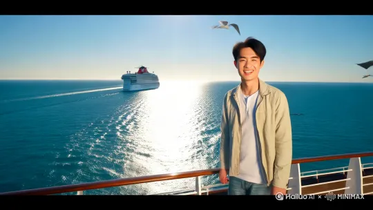 1 远景 0:00-0:05 蔚蓝的大海上，一艘豪华轮船破浪前行，阳光洒在甲板上，波光粼粼，男主穿着休闲装在轮船围栏边上兴奋拍远处的落日余晖和海鸥飞翔，脸上洋溢着灿烂的笑容。拍摄地点：轮船甲板。

镜头从高空俯拍轮船全景缓慢下移，聚焦至男主背影，随后以平滑推镜推进至男主侧身特写；当男主举起相机拍摄时，镜头模拟相机取景框视角快速变焦，捕捉海鸥掠过海面的动态； by Hailuo AI Video Generator