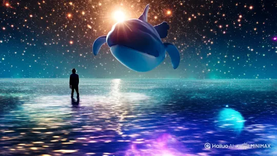 孤独的旅人，漫步于玻璃般浩瀚的星海边沿。透明的海水之上，亿万星辰明灭，巨鲸的轮廓如心跳般脉动，仿佛整个宇宙沉溺其中。一只巨大的发光蝴蝶自水面翩然飞起，漾开粼粼光纹。他每一步落下，都在宇宙深处激起涟漪，扭曲的星系与星云，如同流淌在无边水镜中的倒影。这淹没寰宇的液体，仿佛宇宙自身无声的泪水。[左移,上升] by Hailuo AI Video Generator