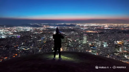一个人现在山顶，鸟瞰着城市的美丽夜景[左移,右摇,跟随] by Hailuo AI Video Generator