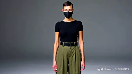 生存于正脸的一个美女。短发A戴口罩。黑短衣服。长裤子，军绿色的有点儿肥，系着腰带。真实写照。 by Hailuo AI Video Generator