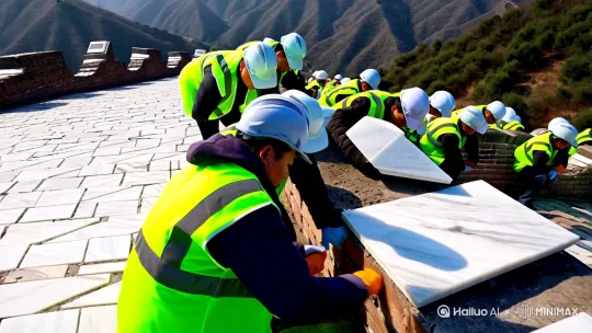 一群现代农民建筑工，忙碌着给长城贴大理石瓷砖，高清画质，镜头跟随[推进,上升] by Hailuo AI Video Generator