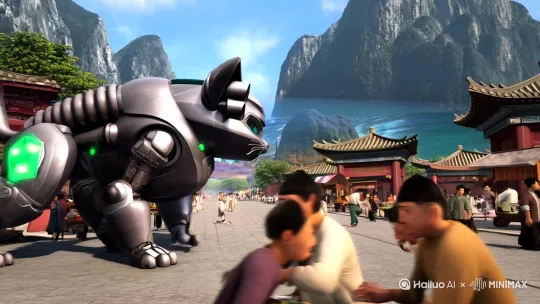 在繁荣的公元前古代大唐闹市中的，后有高山流水为景，人们在街市中开摊做这美食生意，街上公路上人海茫茫来来往往，一只巨大庞大的钢铁机械机器猫形机器人，走路在马路边，它是猫形注意这一点。金刚机器猫，猫的头部都是多纵摄像头，猫的头部是驾驶舱，外观貌美如猫。但机器猫在街上中座了下来，猫的身体内有三只拟人猫，三只拟人猫身穿着古代将军黄金钻石星光战甲，三只拟人猫手上空空空，他们还在机器猫的肚子里面。外人不可见。这时庞大的机器猫的肚中有一道隐藏隐蔽性神秘的科幻门出口。肚子这道门玄幻四开，三只拟人猫终于走出来，四周张望，三只拟人猫各自手中仙法仙光闪耀光明照射。即刻手中紧紧变出一把神兵“”方天画戟，赵子龙的白鸟龙凤枪的长枪，法杖“”三把武器三只拟人猫各自一把。拥有炽热光焰流动雷光旋转护体的兵器，拥有极寒冷气四转流动的光焰流动。拥有光亮缠绕360度无限风魔水体气焰的气息流动着。然后街上的人们纵望他们来自外星球的神秘，不知何物，只有大唐帝皇和臣民将士在向三只拟人猫扣首跪拜。 by Hailuo AI Video Generator
