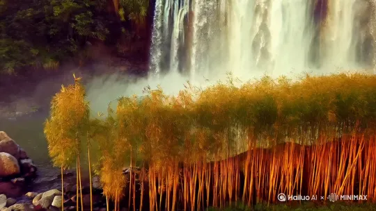 环绕镜头，晨光透过竹林，一位身着汉服的少女手持长剑舞动，衣袂飘飞，背景瀑布水流飞溅，晨雾弥漫，水墨渲染风格，动态模糊，电影级运镜，中国风意境 by Hailuo AI Video Generator