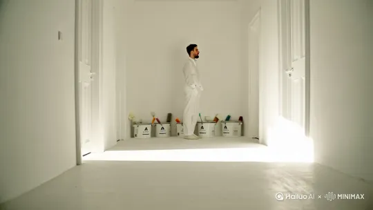 白色的走廊，墙边有着乳胶漆的桶，桶里有一根乳胶漆的滚轮，走廊有三扇门，墙地天花板都是白色，有阳光把空间照的很白，一个穿着一身白色衣服的男人，站在其中的一扇门前面，发呆。 by Hailuo AI Video Generator