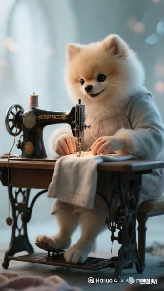 近景摄影镜头中，一只拟人化的博美犬妈妈坐在缝纫机前专注地做衣服。她的双手熟练地推送着布料，脚有节奏地踩着踏板，缝纫机发出 “嗒嗒嗒” 的声音。博美犬妈妈的眼睛紧盯着针线，脸上的绒毛在灯光下显得格外柔和。缝纫机的针头快速上下穿梭，线轴不停地转动，背景虚化干净，突出手部和缝纫机操作的特写，32K，高清画质。9:16 by Hailuo AI Video Generator