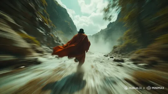 使用手持跟拍的方式，捕捉红衣人在高山山地上飞驰的瞬间。镜头推近主体，光影变化，凸显红衣人的勇者无畏 by Hailuo AI Video Generator