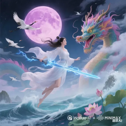 [推进,上升]翻滚的海浪，翱翔的鹤，[右摇,变焦推进]仰天咆哮的巨龙，云雾如烟般浮动，[左摇,变焦推进]仙女挥舞着闪电环绕的剑，黑发随风飞舞，荷花颤动着[拉远,上升,下摇] by Hailuo AI Video Generator