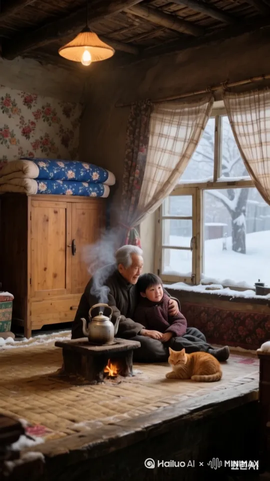帮我生成视频:两人一起看向窗外大雪。孩童靠在老人怀里！ by Hailuo AI Video Generator