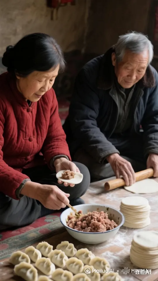 帮我生成视频:老人一个包饺子，一个擀饺子皮 by Hailuo AI Video Generator